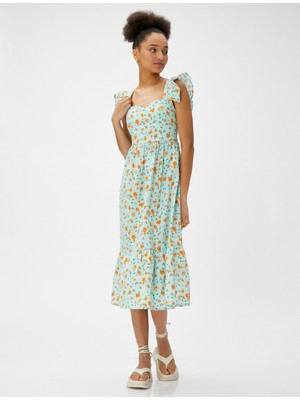 Koton Çiçekli Elbise Midi Askılı Kolları Fırfırlı Volanlı Pamuklu