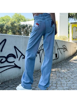 Köstebek Mavi Jean Hello Kitty Nakışlı Baggy Kot Pantolon