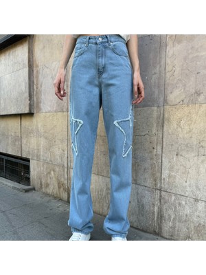 Köstebek Mavi Jean Middle Star Vintage Baggy Kot Pantolon