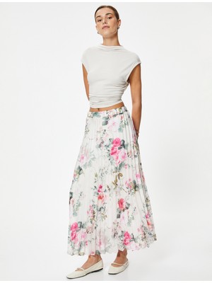 Koton Uzun Çiçekli Pileli Etek Astarlı Yükse Bel