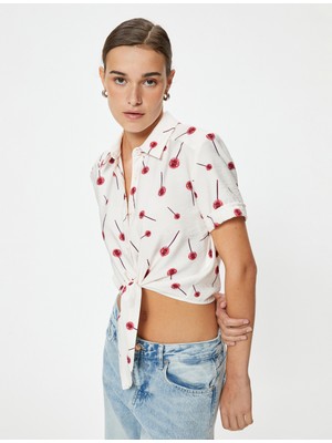 Koton Lolipop Baskılı Crop Gömlek Bağlama Detaylı Kısa Kollu