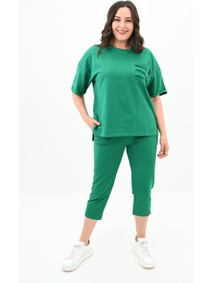 Koza Kadın Yırtık Cep Detaylı Kısa Kollu Büyük Beden Kapri Eşofman Takım 8010-23