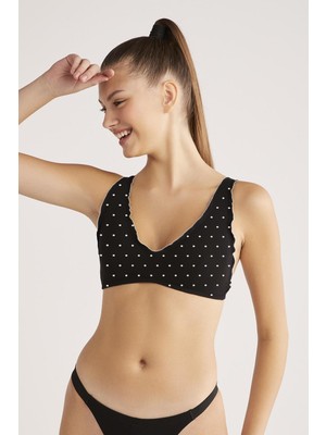 Kom Polka Puantiyeli Fırfırlı Sütyen Siyah