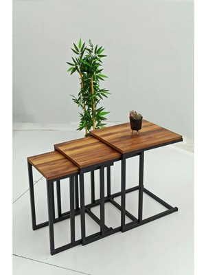 Ufuk Home 3lü Zigon Sehpa Ceviz Tabla Siyah Ayak Sehpa