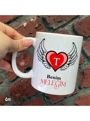 Hediyeci Abla Size Özel Benim Meleğim Kanatlı Kalp T Harfli Seramik Baskılı Kupa Bardaklar