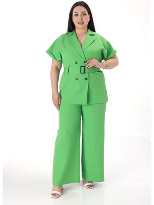 Disentis Modest Büyük Beden Kruvaze Kemerli Yarım Kollu Yeşil Ceket Pantolon Ikili Takım