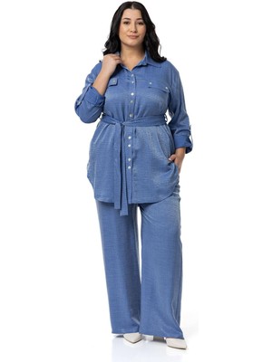 Disentis Modest Büyük Beden Pırıltılı Kumaş Gömlek Pantolon Mavi Ikili Takım