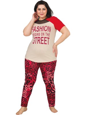 Quilling Kırmızı Renk ve Leopar Desenli Lady 10835 Kadın Kısa Kol Büyük Beden Pijama Takımı