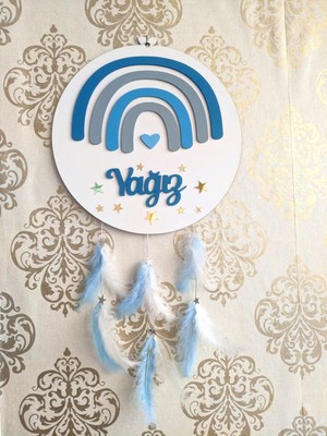 Bir Parça Tasarım Gökkuşağı Kapı Süsü Mavi Tüylü