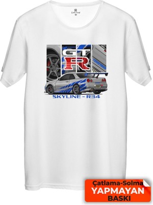 Çakılap Nissan Gtr-34  Baskılı Tişört Unisex, Premium Kalite (Rgl-Otmbl-Nssn)