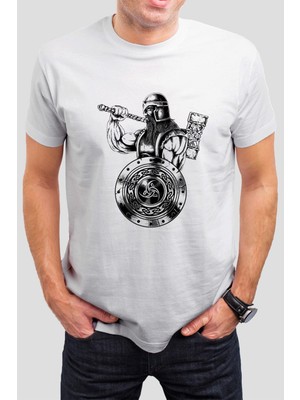 Viking Kalkan Baskılı Beyaz Unisex T-Shirt C489