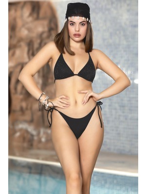 Hazelin Kadın Siyah Taş Detaylı Boyundan Ip Bağlamalı Arkası Kopçalı Üçgen Bikini Takımı HZL24S-AR1614-01