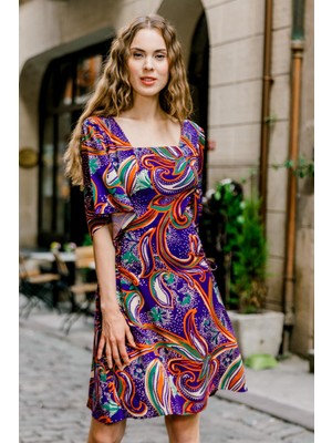 Los Banditos Yandan Bağlamalı Kare Yaka Mor Desenli Elbise