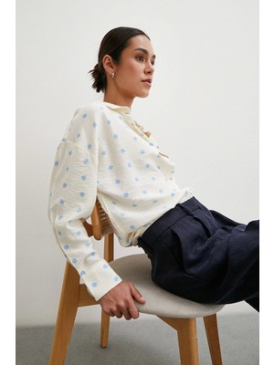 Never More  Puantiyeli Oversize Gömlek Mavi