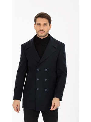 Vito Andolini Lacivert Desenli Kaşmir Slim Fit Kruvaze Erkek Kısa Palto