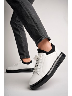 Bulutmod BA04471 Beyaz Siyah Erkek  Deri Streş Jel Yüksek Taban Spor Ayakkabı - Siyah Beyaz