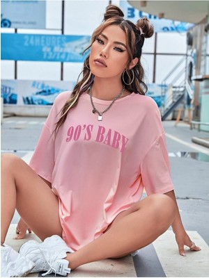 Kadın 90's Baby Baskılı Bisiklet Yaka Salaş Oversize Boyfriend Pembe T-Shirt