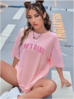 Kadın 90's Baby Baskılı Bisiklet Yaka Salaş Oversize Boyfriend Pembe T-Shirt