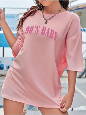 Kadın 90's Baby Baskılı Bisiklet Yaka Salaş Oversize Boyfriend Pembe T-Shirt