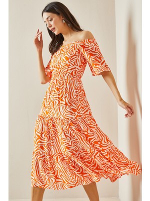 Xhan Turuncu Degaje Yaka Desenli Midi Elbise 5YXK6-48653-11