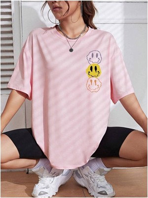 Woodroffe Kadın Gülen Yüz Baskılı Bisiklet Yaka Salaş Oversize Boyfriend Pembe T-Shirt