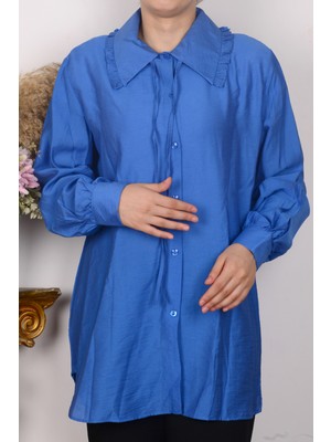 Newface  5220 Mavi Kadın Geniş Yaka Yakası Fırfırlı Yakası Bağcık Detaylı Önden Düğmeli Gömlek