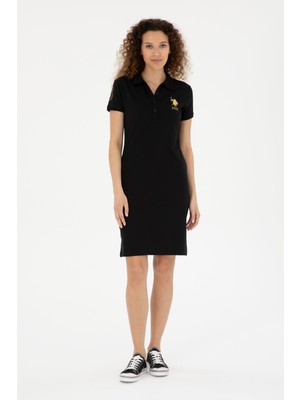 U.S. Polo Assn. Kadın Siyah Polo Yaka Mini Boy Örme Elbise 50280069-VR046