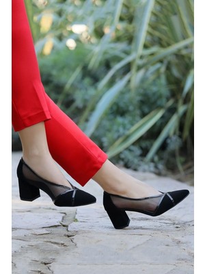 Erkan Saçmacı Mirabella Siyah Süet Fileli Kadın Kalın Topuklu Sivri Burun Klasik Ayakkabı