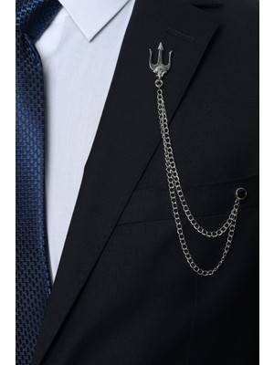 Esgue Posedion Mızrağı Gümüş Zincirli Ceket Yaka Iğnesi