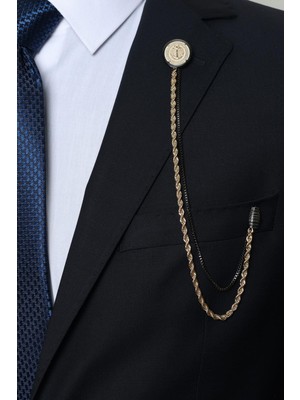 Esgue Çapa Desen Gold Siyah Zincirli Ceket Yaka Iğnesi