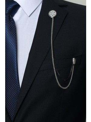 Esgue Taşlı Gümüş Zincirli Ceket Yaka Iğnesi