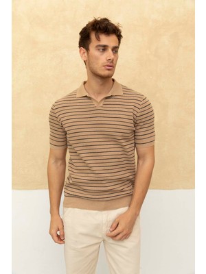 Çizgili Polo Yaka T-Shirt Taş