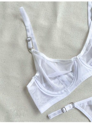 La Linaa Kadın Beyaz Tül Tanga Külotlu Sütyen Takım Hafif Destekli ve Balenli Tasarım