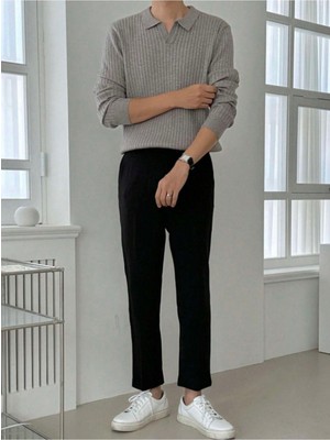 Tarz Cool Koyu Gri Erkek Polo Yaka Triko Kazak Slim Fit Günlük Stil Uzun Kol