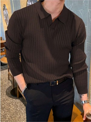 Tarz Cool Koyu Gri Erkek Polo Yaka Fitilli Triko Kazak