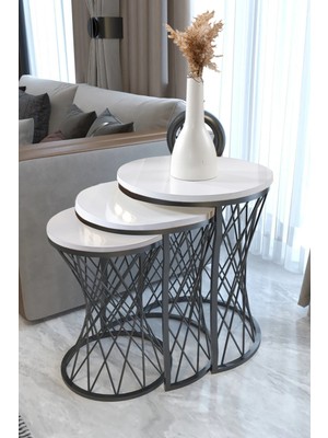 3 Lü Hasır Telli Beyaz Suntalam Metal Ayak Zigon Sehpa Sehpa-Takimi-Zigon-Sehba