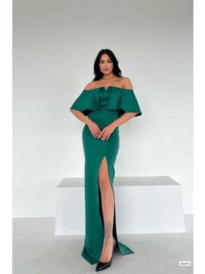 Trend Esinty Kadın Katmanlı Carmen Yaka Yeni Sezon Scuba Yırtmaçlı Abiye Elbise (Renkli)