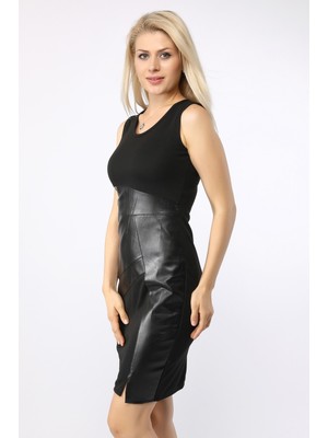 1Tarz Toridas Günlük Deri Detaylı Kolsuz Kadın Elbise tr851syh