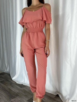 Trend Esinty Kadın Kat Askılı Beli Gipeli Ayrobin Kumaş Tulum (Renkli)