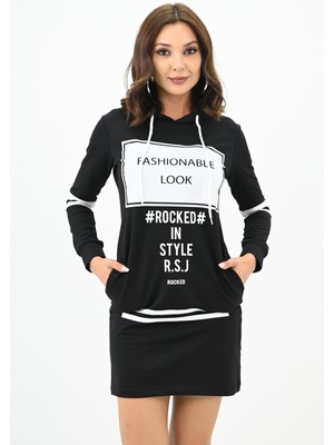 Koza Kadın Kapüşonlu Baskılı  Sweat Elbise 7004