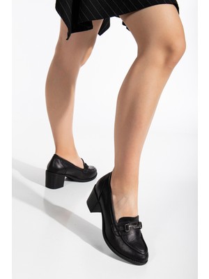 Analin Shoes Kadın Tokalı Klasik Topuklu Ayakkabı 7082S Terlik Sıyah 38