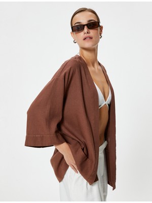Koton Oversize Keten Kimono Kalça Boy Cepli 3/4 Geniş Kol