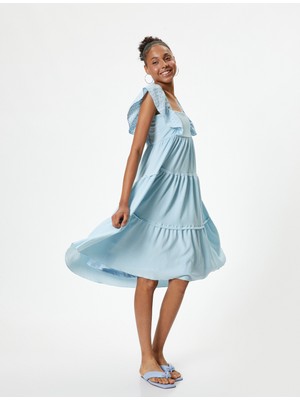 Koton Midi Elbise Kare Yaka Fırfır Detaylı Kolsuz Bürümcük