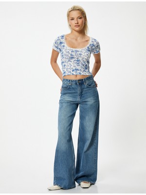 Koton Çiçekli T-Shirt Kısa Kollu U Yaka Dantel Detaylı Ribanalı Pamuklu