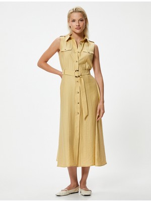 Koton Uzun Gömlek Elbise Kolsuz Kemerli Lyocell Karışımlı