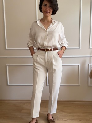 Nidi Store Kirli Beyaz Kemerli Pileli Havuç Pantolon