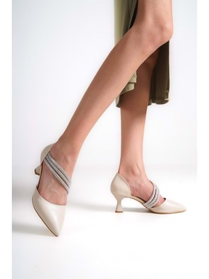 New Optimal Kadın Şık Saten Ince Taşlı Klasik Topuklu Ayakkabı  - Beyaz - 38