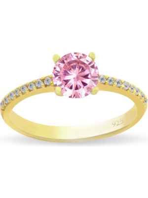 Silveranka 925 Ayar Gümüş Pembe Tek Taş Yüzük