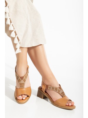 Analin Shoes Kadın Hakiki Deri Lastikli Rahat Taşlı Sandalet 2690 Sandalet  Taba 41
