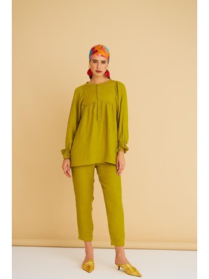 Basic Park Pinky Düğmeli Kolları Büzgülü Keten Olive Tunik Pantolon